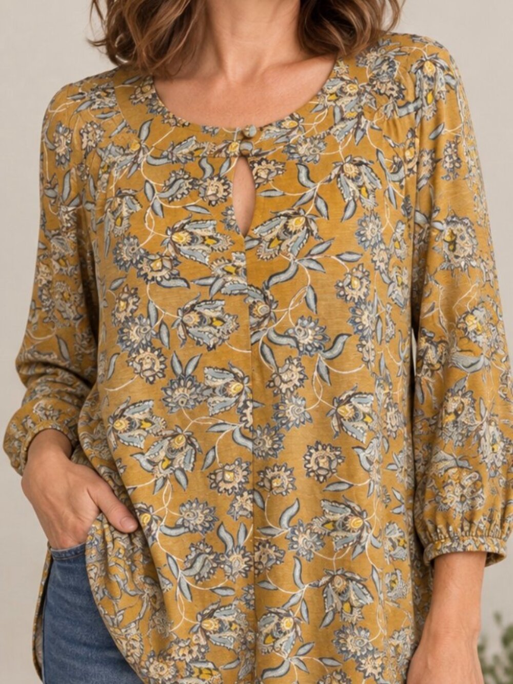 J. Jill Floral Print Tunic Blouse Mustard Yellow Cotton Tencel Modal Size L
